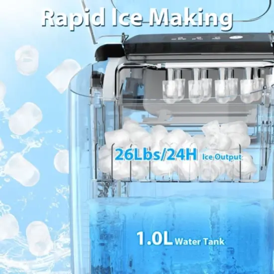 R.W.FLAME Stainless Steel Ice Maker Countertop, Bullet ice, 26.5Lbs/24H, 9 Pcs/6 Mins, with self-cleaning, ice basket, and scoop, with Handle image {4}