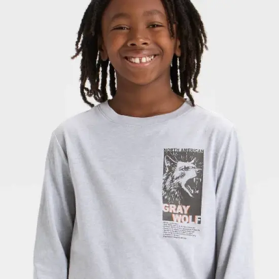 Boys' Long Sleeve 'Gray Wolf' Graphic T-Shirt - Cat & Jack&trade; Light Gray image {1}