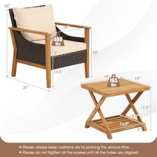 Tangkula 3 Pieces PE Wicker Patio Bistro Set Outdoor Acacia Wood Conversation Set with Cushions and 2-Tier Coffee Table image {6}