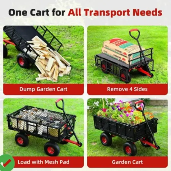 Steel Garden Cart, 880LBS/1400LBS Heavy Duty Garden Dump Cart, Meatl Utility Wagon with Removable Sides & 180&deg; Rotating Handle image {3}