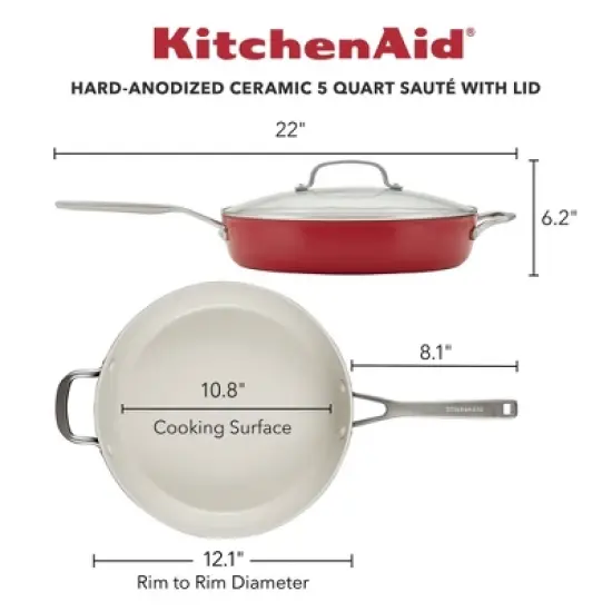 KitchenAid 5qt Hard Anodized Ceramic Nonstick Saute Pan with Lid Empire Red: Hand Wash, Gas & Electric Compatible image {1}