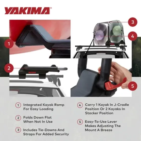 Yakima JayLow Rooftop Mounted Kayak Rack for Vehicles Carrying Up To 2 Kayaks in J Cradle Position with Heavy Duty Straps, Bow and Stern Tie Downs image {2}