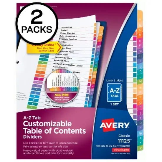 Avery A-Z Dividers for 3 Ring Binders, 26 Tabs per Set, Customizable Table of Contents, Multicolor Tabs (11125) image {6}