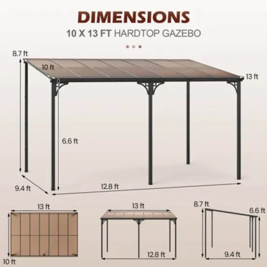 Costway 10' X 13' Wall-Mounted Patio Gazebo with  Sloped Polycarbonate Roof Metal Frame image {2}