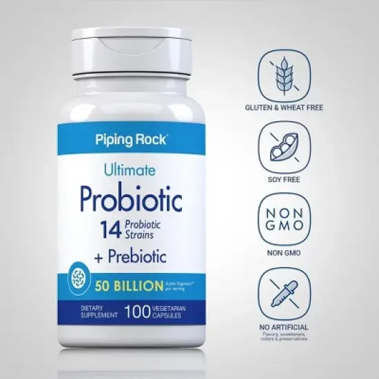 Piping Rock Probiotic | 14 Strains 50 Billion Organisms | Plus Prebiotic | 100 Capsules image {2}