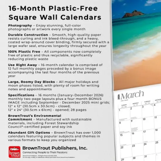 BrownTrout Hawaii Wild and Scenic 2026 12"x24" Hanging Square Wall Calendar Plastic-Free image {5}