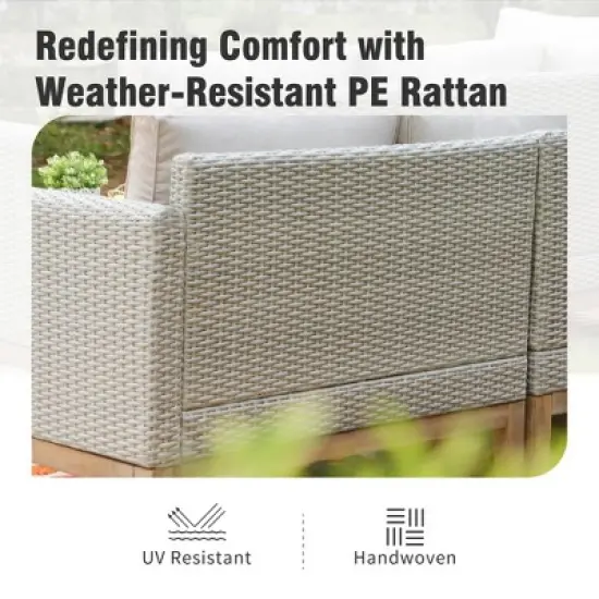 Captiva Designs 5pc outdoor patio wicker rattan cushioned conversation set with armchairs, ottomans and solid wood table image {8}