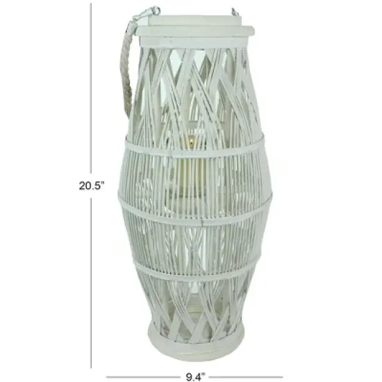 Essential Decor & Beyond 20.5" Tropical White Bamboo Hanging Lantern With Glass Candle Holder and Rope Handle Decorative Accent image {1}