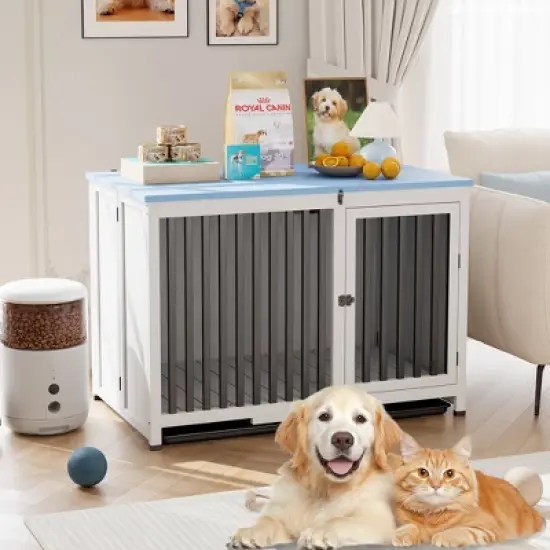 39.5in Furniture Dog Crate, Large/Medium Dog Crate End Table, No Assembly Needed (White and Blue) image {9}