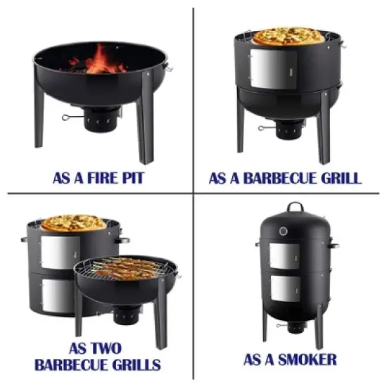 Realcool 20 Inch Vertical Heavy Duty Steel Round Charcoal Outdoor BBQ Smoker Grill with Bottom Air Vent and Latch Locking System, Black image {1}