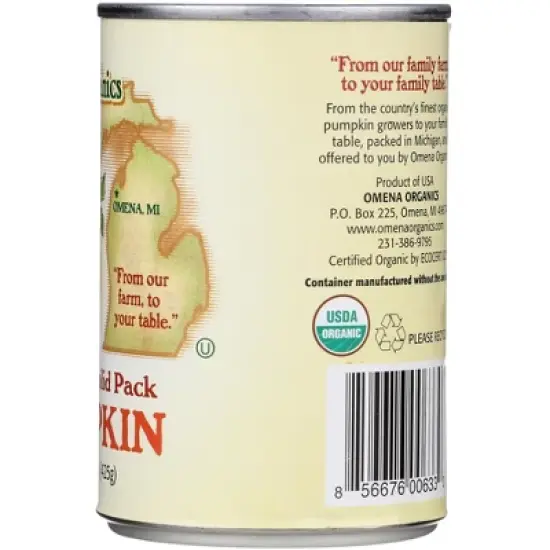 Omena Organics Organic Solid Pack Pumpkin - Case of 12/15 oz image {4}