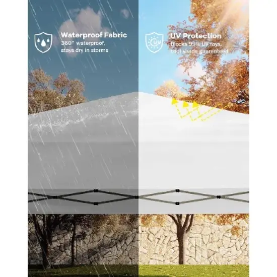 Garvee 10x10 Pop Up Canopy with Removable 3 Sidewalls - Easy Up Camping Tent with One Button Push Setup - 3 Adjustable Height, 4 Weight Bags - White image {3}