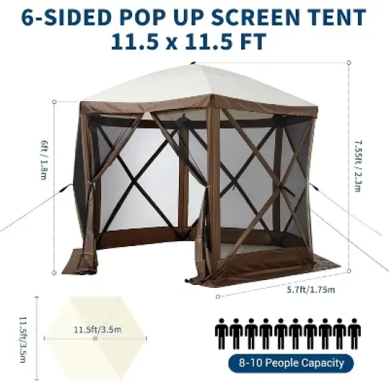 Hexagonal Pop-up Canopy Shelter Shade Tent with Mosquito Netting & Carry Bag, Portable Gazebo Tent for Camping Backyard Garden, Brown 11.5*11.5FT image {1}