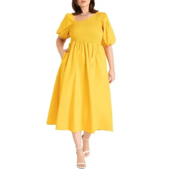 ELOQUII Women&rsquo;s Plus Size Smocked Bodice Asym Neck Dress image {3}