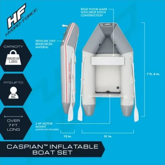 Bestway Hydro-Force Caspian Inflatable 2 Person Boat Set with 2 Aluminum Oars, Hand Pump, and Carry Bag for Fishing or Cruising on the Water image {2}