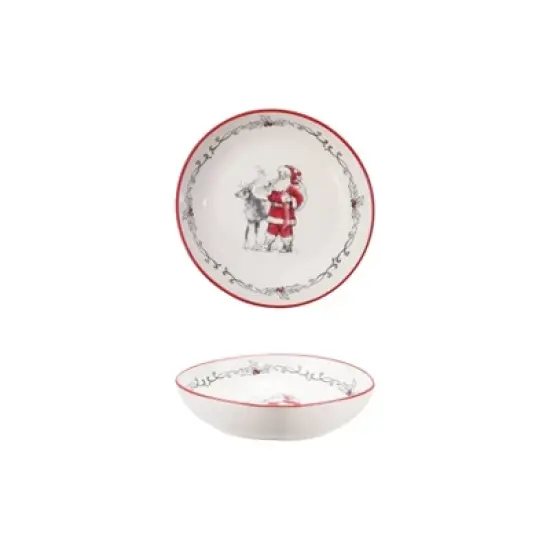 Storied Home Round Stoneware Bowl with Santa and Reindeer Image and Colored Rim, Red, Black and White image {2}