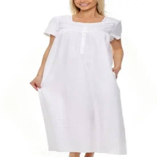 Women's Cotton Victorian Nightgown, Katelyn Short Sleeve Lace Trimmed Button Up Long Vintage Night Dress Gown image {3}