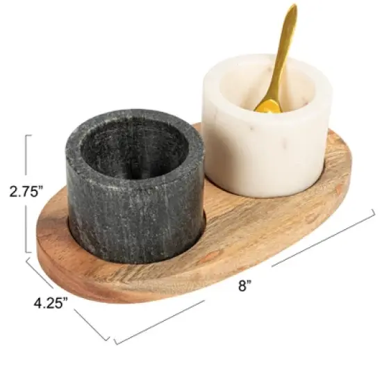 Storied Home Round Marble Bowls on Mango Wood Tray with Brass Salt Spoon, White and Black, Set of 2 image {2}