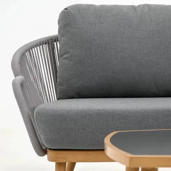 Woven Accent Outdoor Sofa Set 3Seater + Textured Wood Frame Lounge Chairs & Rectangular Table image {12}