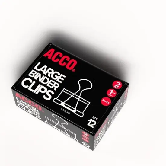 ACCO Large Binder Clips Steel Wire 1 1/16" Cap 2"w Black/Silver Dozen 72100 image {1}