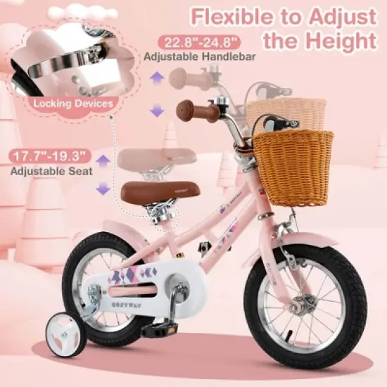 Costway 12"/14"/16"/18" Kids Bike with Height Adjustable Handlebar Seat Basket Bell Training Wheels Yellow/Green/Pink image {5}