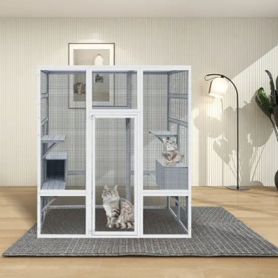 62"Wx70"H Outdoor Wooden Large Pet Enclosure With Anti-UV And Waterproof,7 Platforms And 2 Resting Boxes,Cat Shelter -Maison Boucle image {1}