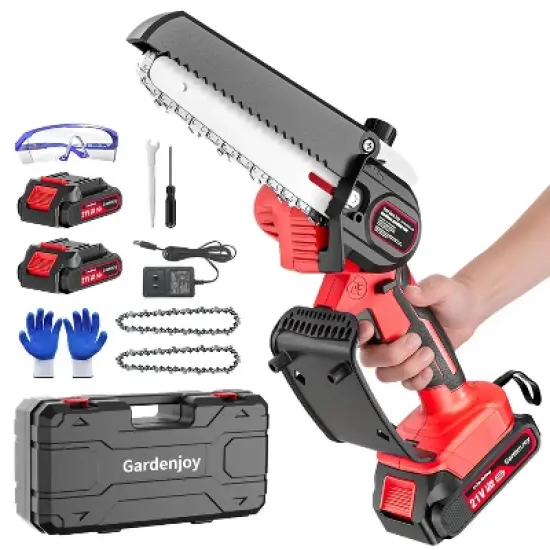 Gardenjoy Cordless Mini Chainsaw - 6 Inch - 21V with 2 Batteries & 2 Chains - Safety Lock & Auto Oiler image {12}