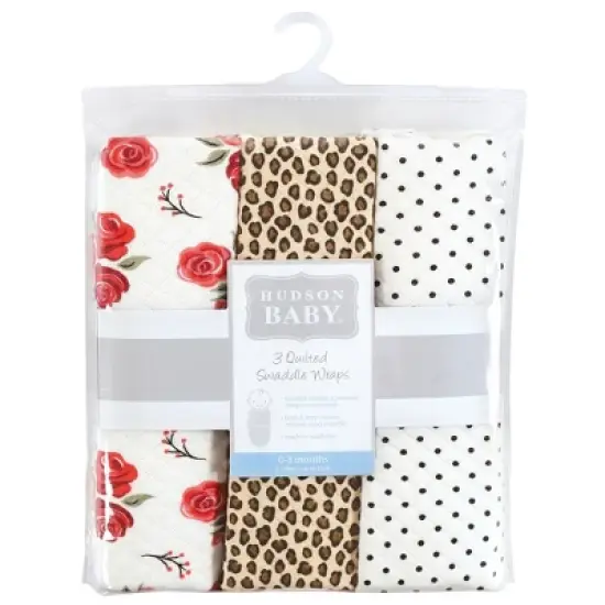 Hudson Baby Infant Girl Quilted Cotton Swaddle Wrap 3pk, Rose Leopard, 0-3 Months image {1}