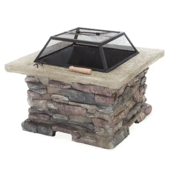 28-Inch Outdoor Wood-Burning Fire Pit with Stone-Inspired Base and Protective Lid image {2}