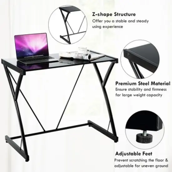 Costway Glass Top Computer Desk Laptop Writing Study Workstation Z-Shaped Metal Frame image {5}