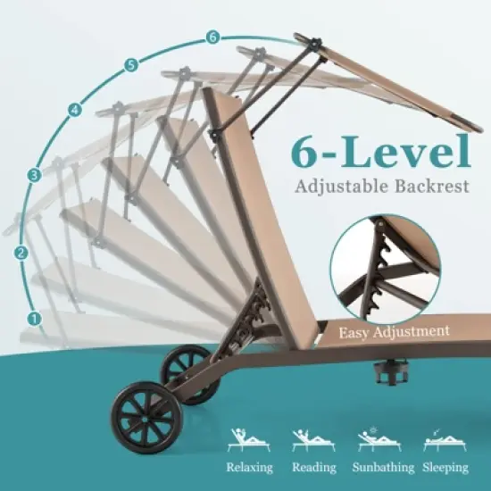 Tangkula 1PC/2PCS Outdoor Chaise Lounge Chair Mobile Tanning Chair w/ 6 Reclining Positions Adjustable Canopy Shade Cup Holder & Wheels image {3}