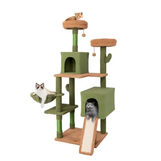Tangkula 63" Cactus Cat Tree for Indoor Cats w/Sisal Scratching Posts & Ladder Basket Bed image {9}