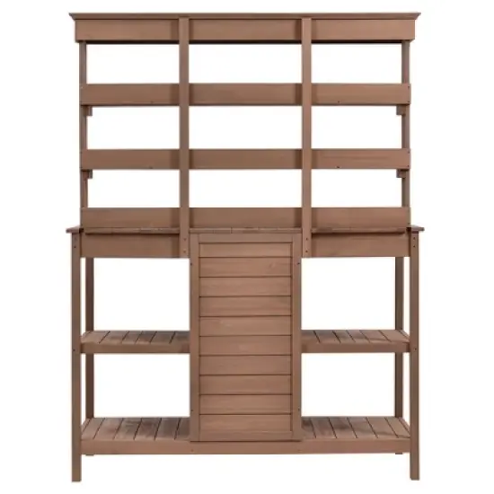 PAGED 66" Large Wood Potting Bench, Outdoor Farmhouse Table, Garden Workstation with 2 Drawers, Cabinet and Open Shelves for Backyard, Brown image {2}