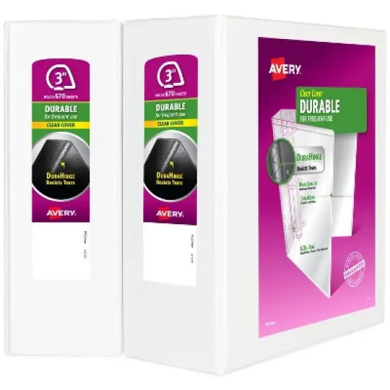 Avery Durable Clear View 3 Ring Binders, 3 Inch EZD Rings, 2-Pack of White Binders (35307) image {7}