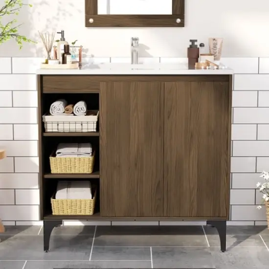 HYLEORY 36" Bathroom Vanity with Basin, Bathroom Storage Cabinet with Two Doors and open shelf, Solid Frame image {12}