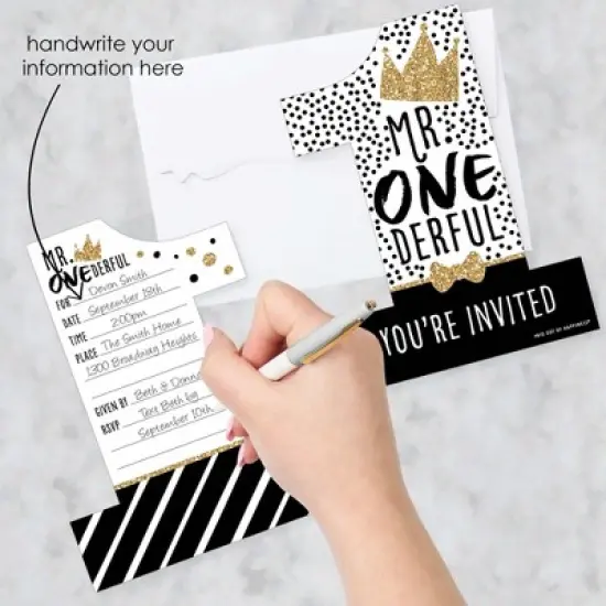 Big Dot of Happiness 1st Birthday Little Mr. Onederful - Shaped Fill-In Invites - Boy First Birthday Party Invitation Cards with Envelopes - Set of 12 image {1}