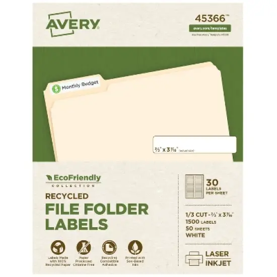Avery EcoFriendly Recycled File Folder Labels, 2/3" x 3-7/16", White, Permanent Label Adhesive, 1,500 Printable Labels (45366) image {8}
