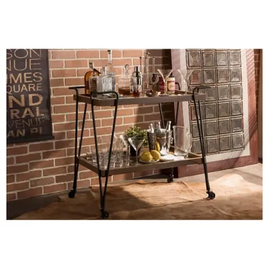 Jessica Rustic Industrial Style Textured Finish Metal Distressed Ash Wood Mobile Serving Bar Cart - Black & Brown - Baxton Studio image {3}