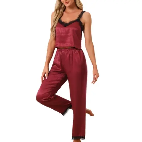 cheibear Women's Satin Lace Trim Cami with Long Pant 2 Pieces Pajama Set image {5}