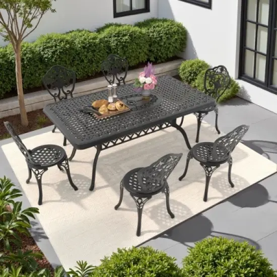 7-Piece Patio Set: Rectangle Table & 6 Chairs - Cast Aluminum, All-Weather w/  Umbrella Hole & Adjustable Legs for Balcony/Backyard image {1}