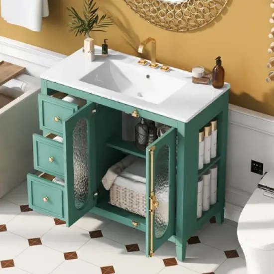 36" Solid Wood Bathroom Vanity with Soft Close Doors, 3 Drawers & Ceramic Sink, White/Lake Green Modern Storage Cabinet - ModernLuxe image {1}