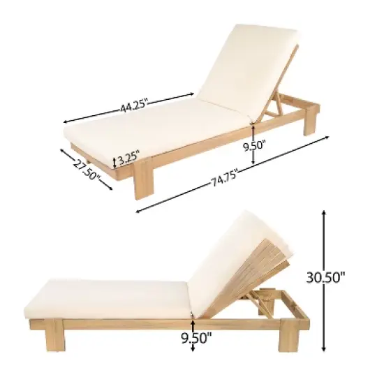 Christopher Knight Home Tobias Patio Adjustable Acacia Wood Chaise Lounge with Water-Resisiant Cushion image {2}