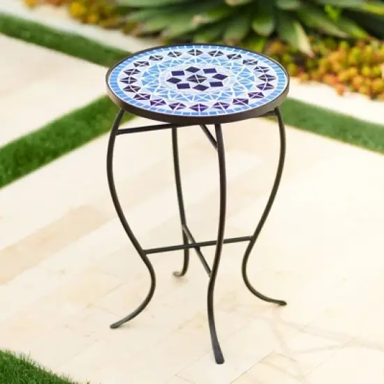Teal Island Designs Modern Black Round Outdoor Accent Side Table 14" Wide Light Blue Mosaic Tabletop Front Porch Patio Home House Balcony image {1}