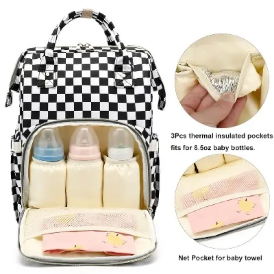 Itopfox Checkered Waterproof Diaper Backpack for Baby Girls and Moms, Large Nappy Bag with Insulated Bottle Pockets image {1}