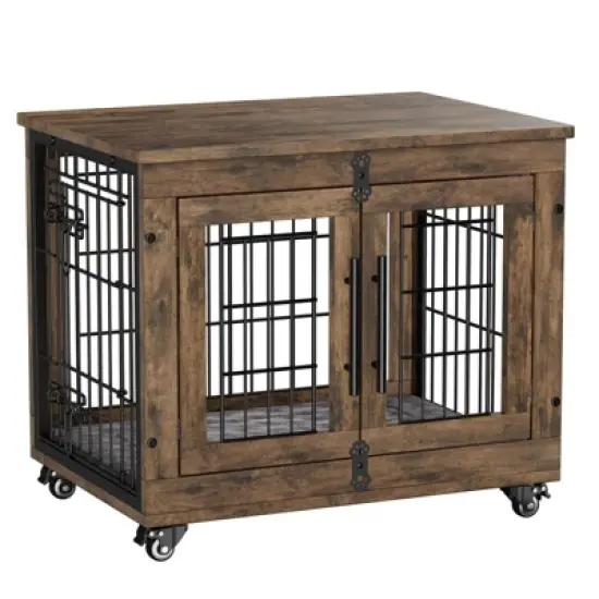 Gikpal Wooden Dog Crate Furniture, Stylish Dogs Kennel for Small to Extra Large, Double Door & A Cushion & 360&deg;Wheel, Metal, Chew-Proof, Dog Cage image {8}