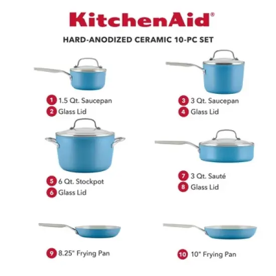 KitchenAid Hard Anodized 10pc Nonstick Ceramic Cookware Pots and Pans Set - Blue Velvet: Tempered Glass Lids, Stainless Steel Handles image {1}