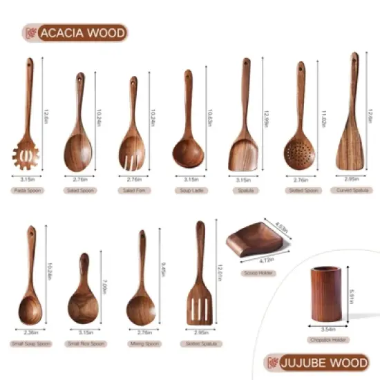 SUGIFT 13-Piece Wooden Kitchen Utensil Set &ndash; Acacia Wood Cooking Utensils with Holder, Spoon Rest, and Hanging Hooks image {2}