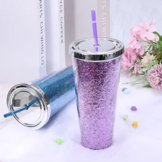 Unique Bargains Acrylic Double Wall with Lid and Straw Transparent Sequins Tumbler image {3}