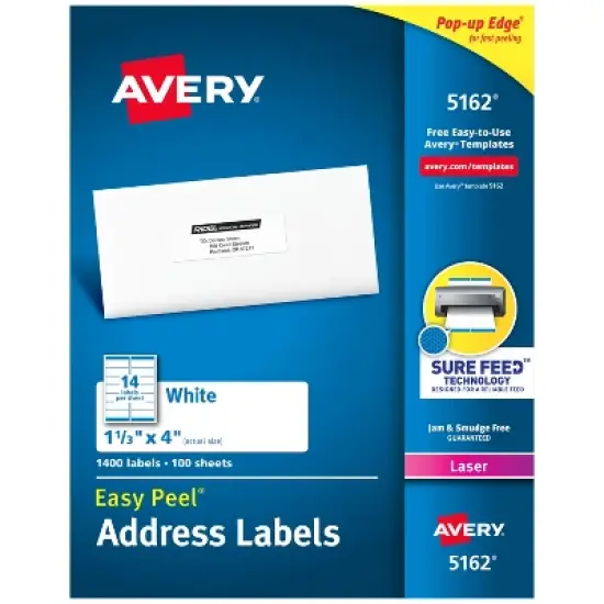 Avery Easy Peel Printable Address Labels with Sure Feed, 1-1/3" x 4", White, 1,400 Blank Mailing Labels for Laser Printers (5162) image {9}