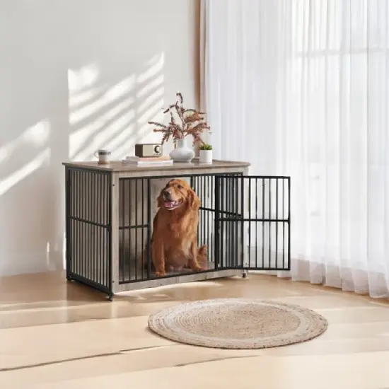 Heather Greige Dog Crate Furniture.as a 43.3" side end table.for dogs up to 80 lb, with a heavy-duty cage, enclosed base and double - door design. image {7}